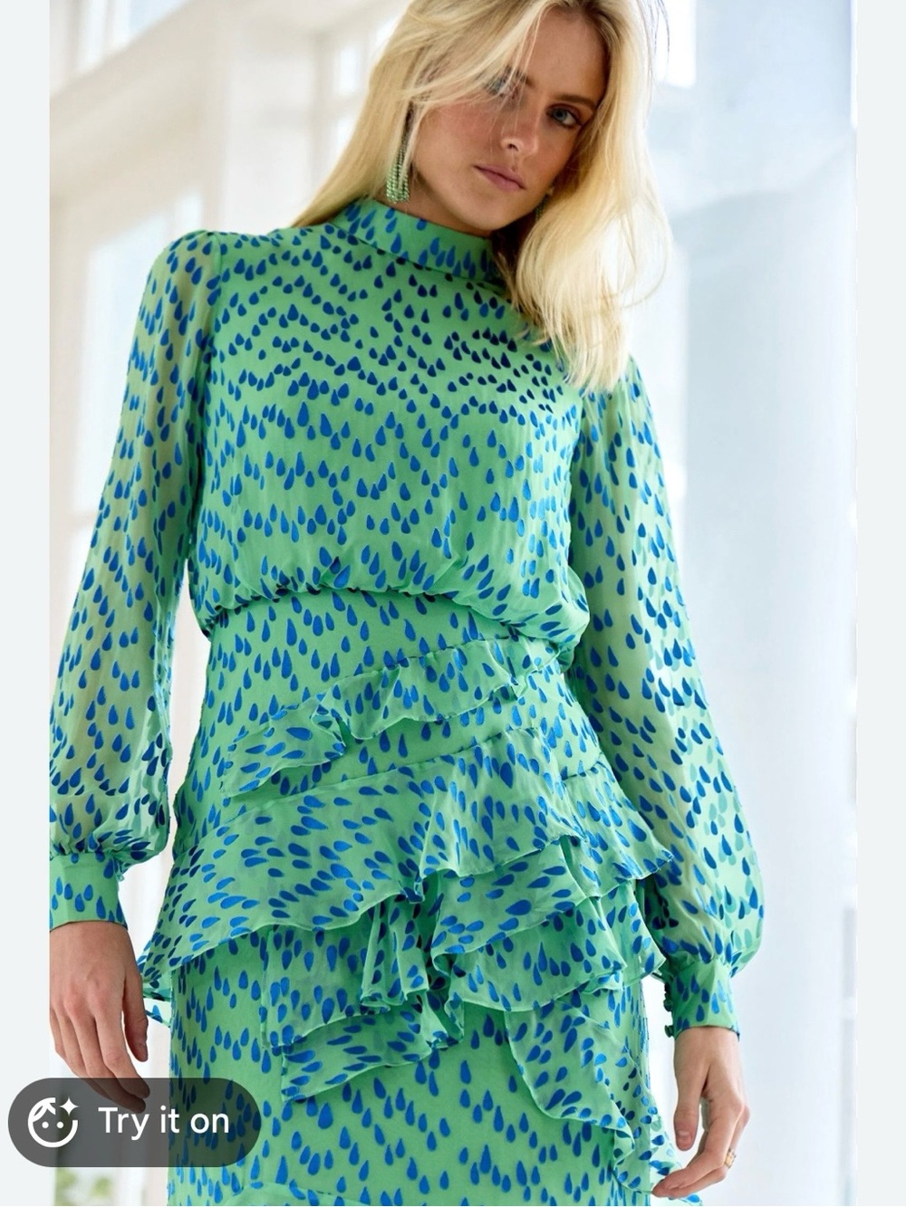 Saloni Isa Ruffle Dress Silk Midi Green Blue Size 8 Cocktail Party Wedding Guest